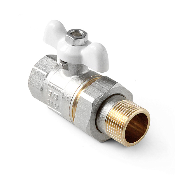 Кран шаровой латунный со сгоном, ручка-бабочка (белая), Н-В