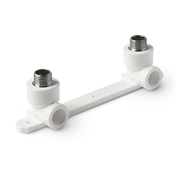 PP-R Угольник двойной с креплением комбинированный НР Белый